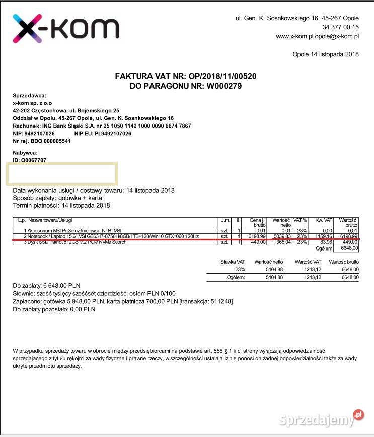 LAPTOP MSI GE63 raider GTX 1060 6GB Lewin Brzeski