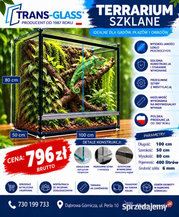 Terrarium szklane 100x50x80 szkło 6 mm producent Dąbrowa Górnicza