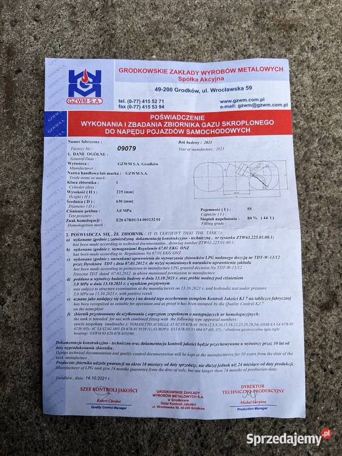 Butla LPG 55l 2031 komplet dokumentów osobowe Częstochowa