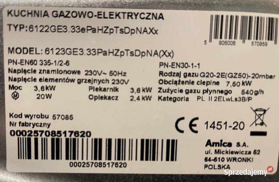 Kuchnia gazowoelektryczna Amica 60 Rzeszów