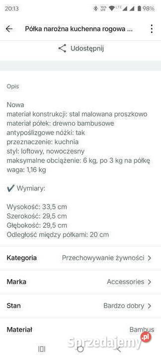 Półka narożna kuchenna rogowa organizer Tarnowskie Góry