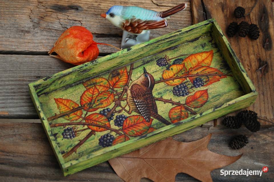 Drewniana tacka malowana ptak strzyżyk jeżyny wielokolorowy Dekoracje i ozdoby Lublin sprzedam