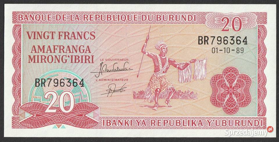 BURUNDI 20 FRANKÓW 1989 STAN UNC Łódź