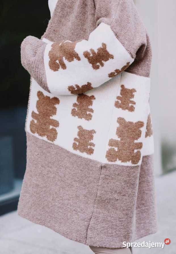 Długi Kardigan Oversize Daisy Beżowy brązowy/beżowy Nowy Kawęczyn