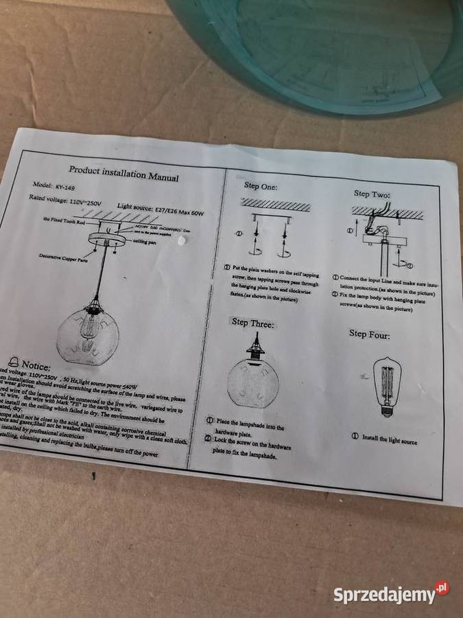 nowa szklana wisząca lampa śr klosza 20 długość Lampy wiszące świętokrzyskie