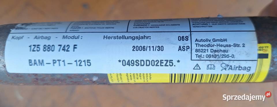 SKODA OCTAVIA II KURTYNA AIRBAG 1Z5880742F PRAWA Radom