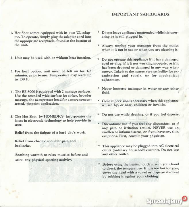 MASAŻER WIBRACYJNY HOMEDICS Model RF 8000 lubelskie Skierbieszów