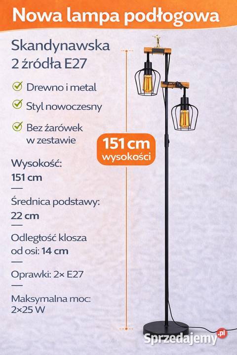 Lampa podłogowa loft 2x E27 metal drewno Nowa Gliwice