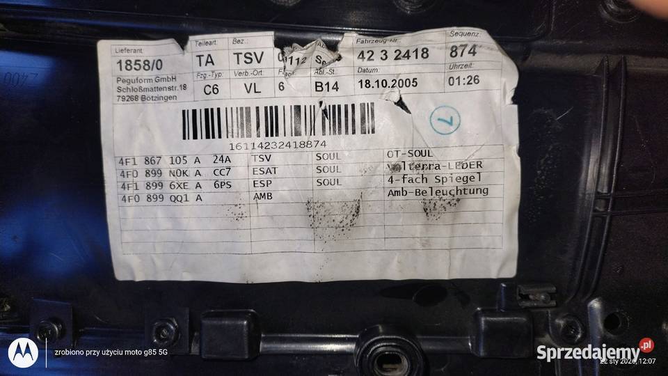 Boczek lewy przód czarny skóra Audi A6 C6 4F Rok produkcji 2007 Lubin