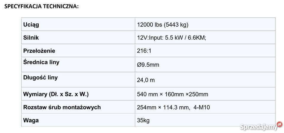 Wyciągarka Samochodowa Presko Winch 12000 HD 12V Solec Kujawski sprzedam