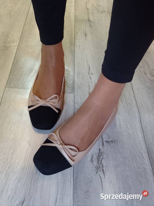3940 Beżowo czarne baleriny wieczorowe na skóra ekologiczna Kraków