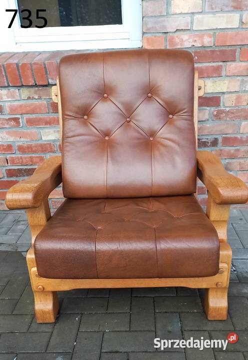 Fotel wypoczynkowy Dębowy skórzany brązowy Meble Gawroniec sprzedam