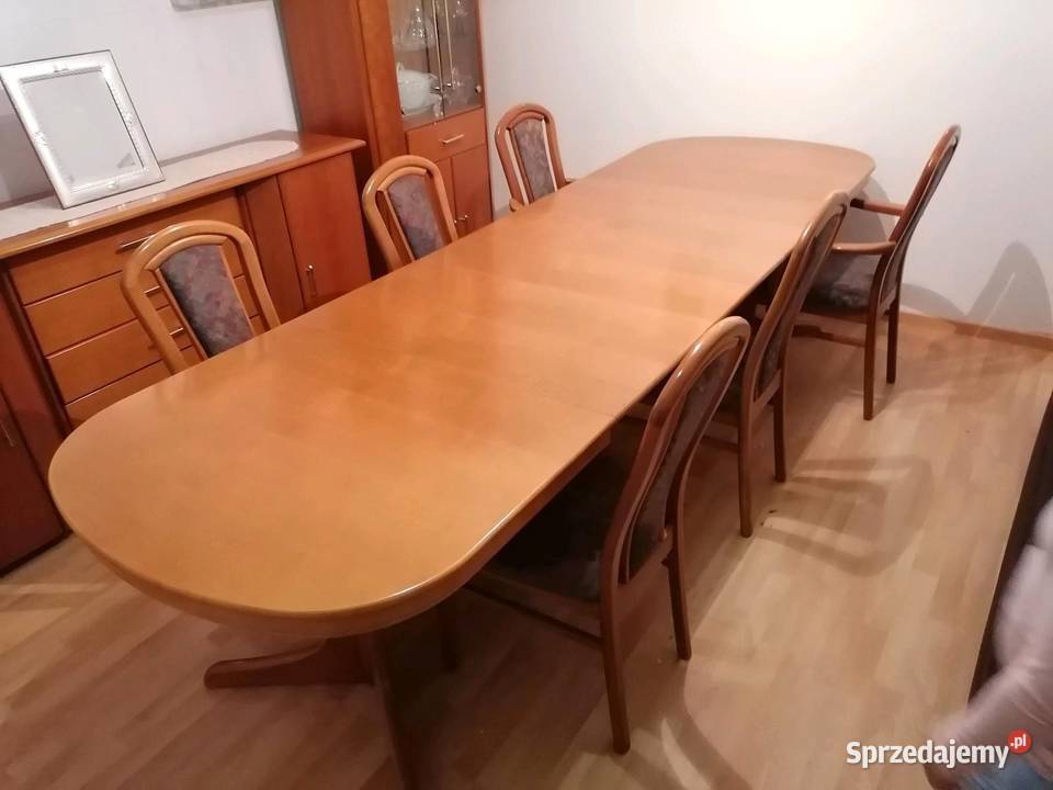 Solidny duży stół 6 krzeseł z Niemiec drewno bukowe kolor wiśnia