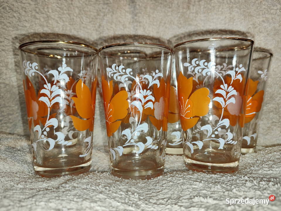 Vintage szklanki w kwiaty ze złotym rantem PRL 7 Antyki, Sztuka, Kolekcje Lublin
