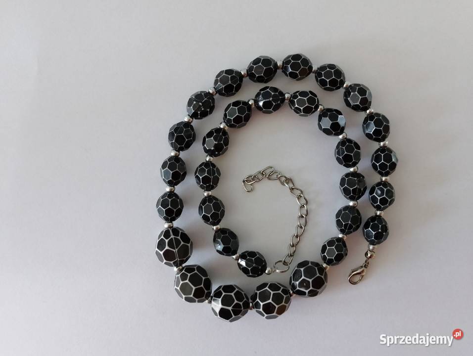 Korale FASETOWANE czarne z białymi brzegami