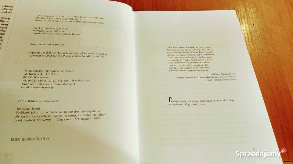 Szybkość jako atut w biznesie Jason Jennings ISBN 8388970100 pomorskie Gdańsk