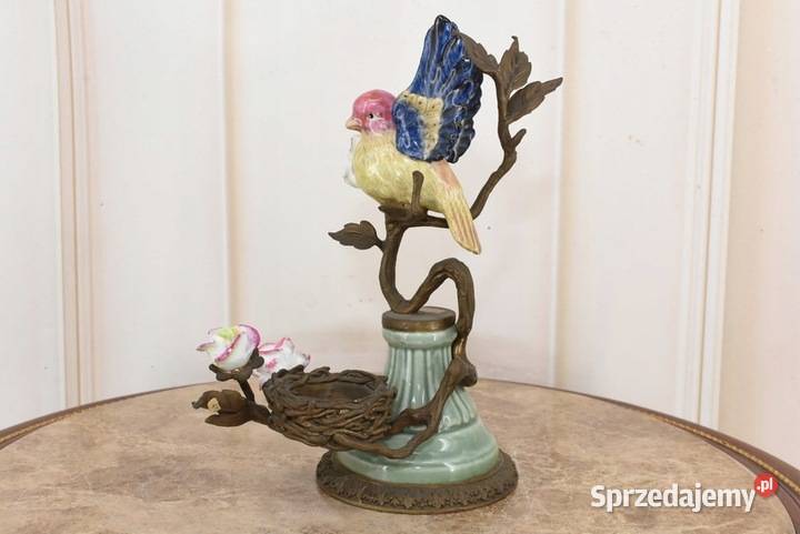 Świecznik Wróbel Porcelana Brąz Kolorowy Ptak