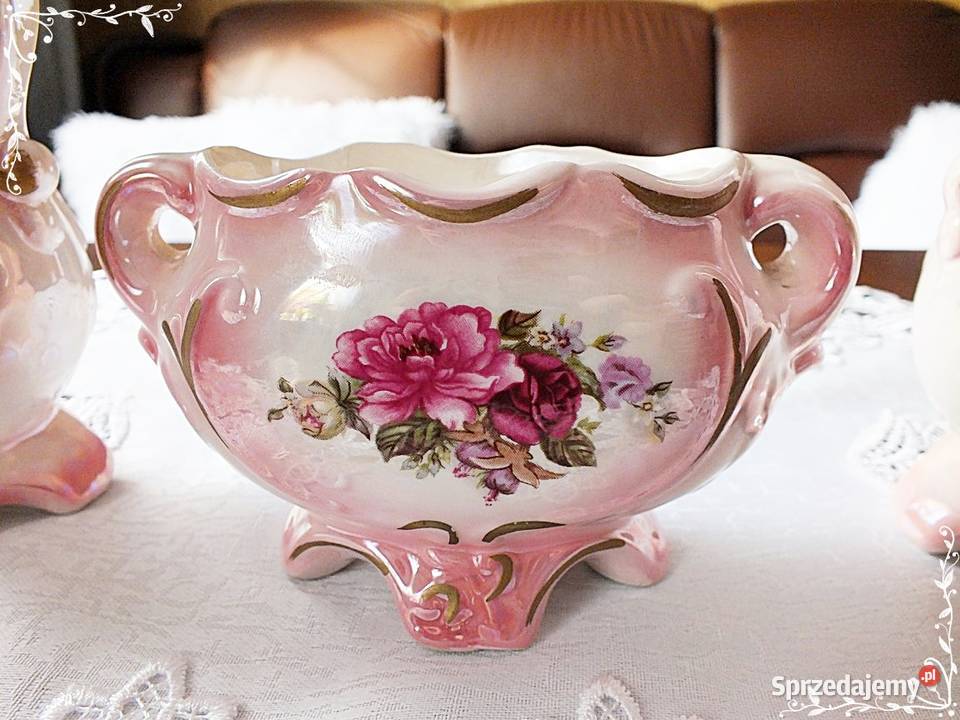 Stary porcelanowy komplet różowy kwiaty Śliczny Żary