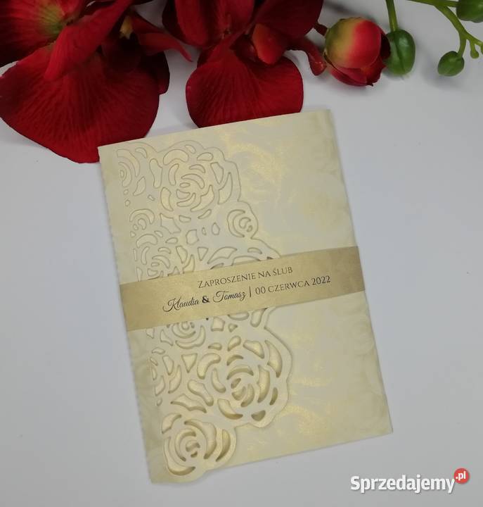 Kremowe złote zaproszenia ślubne kopertowe Jarosław
