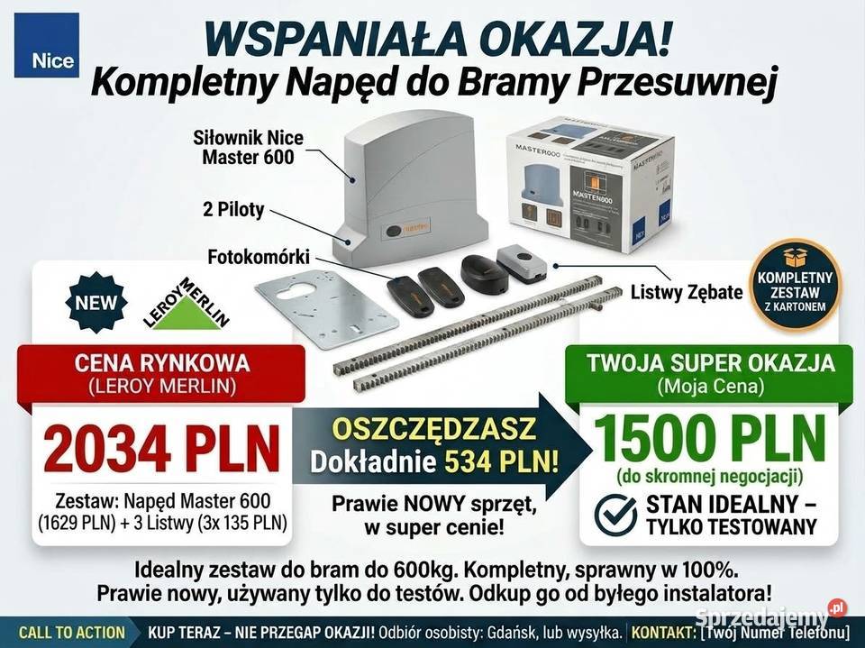 Napęd do bramy przesuwnej Nice Master 600 Home przesuwna Gdańsk sprzedam