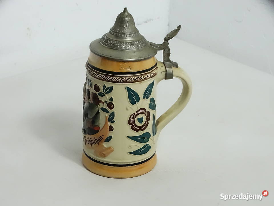 Zabytkowy niemiecki kufel ceramiczny z cynową Biłgoraj
