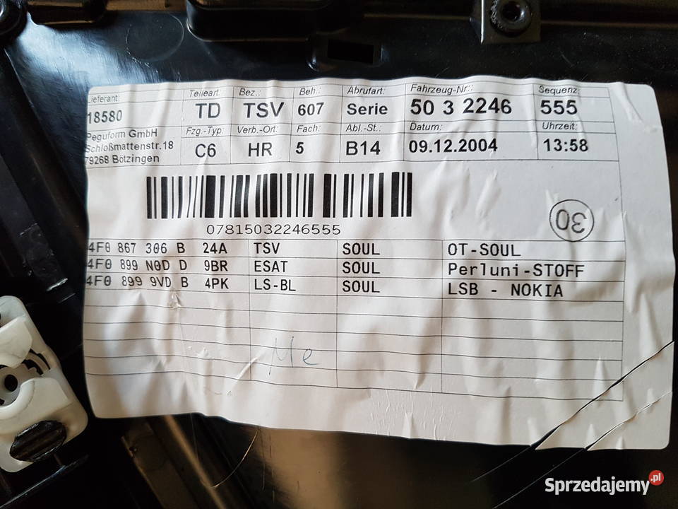 AUDI A6 C6 SEDAN TAPICERKA DRZWI PRAWA TYL SOUL osobowe Turkowice