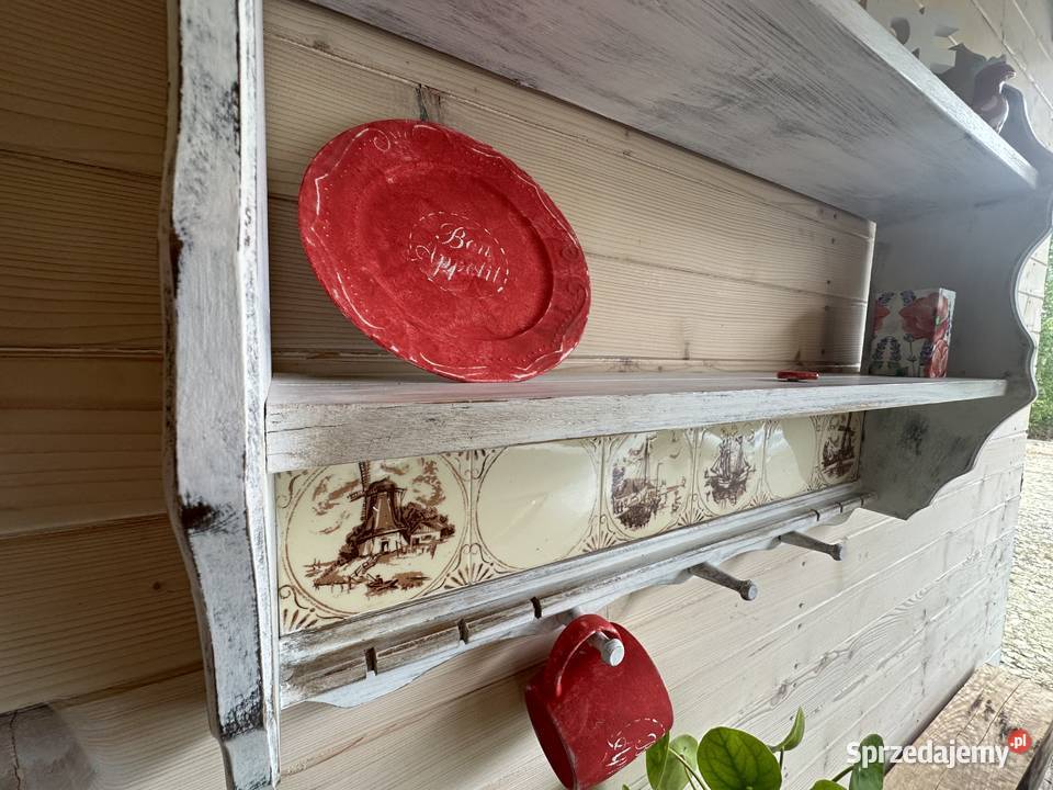 Rustykalna półka z glazurą na kubki i talerze sprzedam
