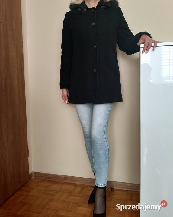 ELEGANCKA kurtka płaszczyk damski flausz czarny Kurtki i płaszcze Łapy