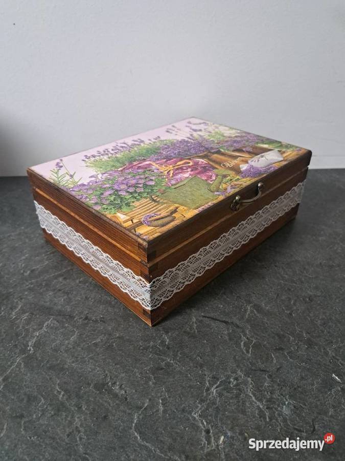 Herbaciarka szkatułka lawenda vintage z koronką opolskie Kędzierzyn-Koźle
