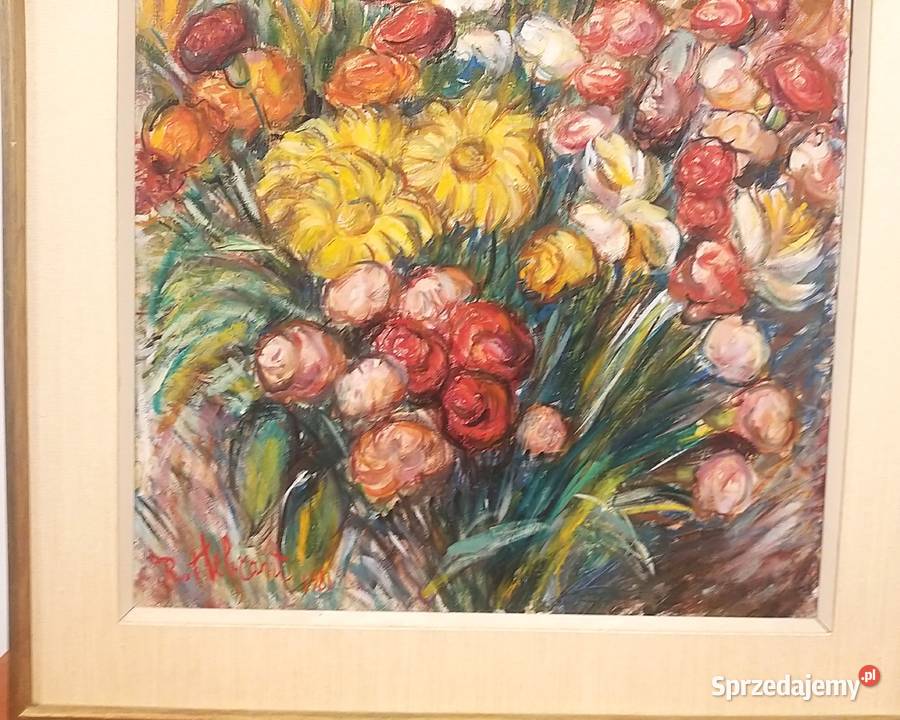 Olej na płótnie Varit de Fleurs R Hebrant 1981r Malarstwo mazowieckie Pomiechówek