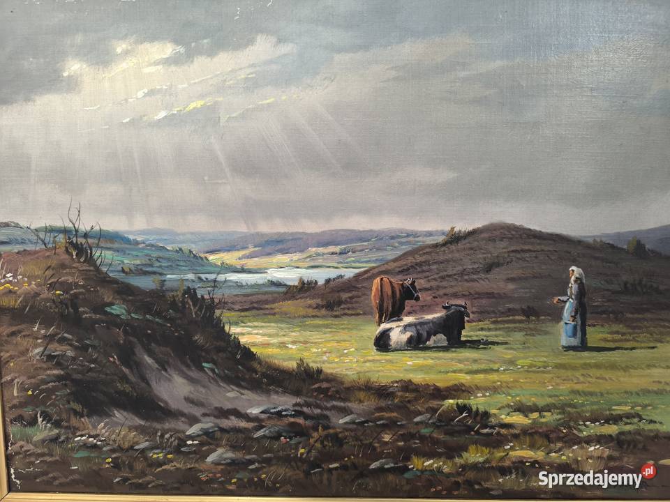 Piękny obraz olejny scena rodzajowa sygnowany Malarstwo Łódź