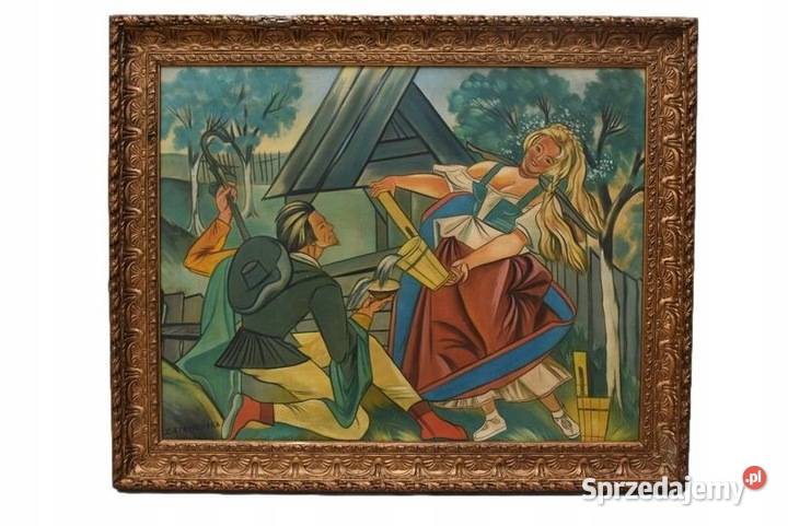 Z Stryjeńska Hucuł i Hucułka Duży Stary Obraz Kraków sprzedam