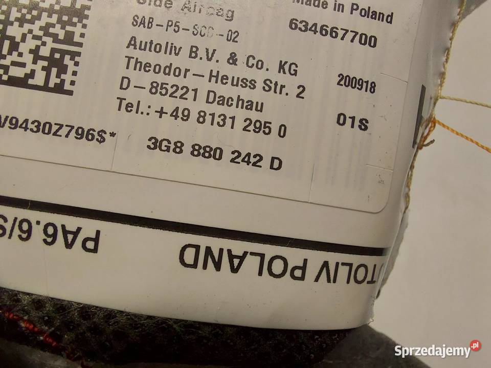 VW Arteon 3G8 2018r PODUSZKA AIRBAG FOTELA PRAWA