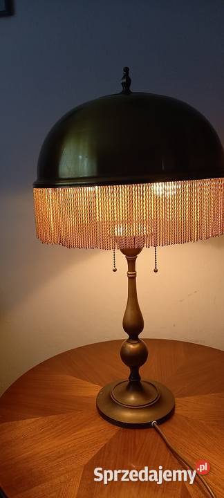 Duża mosiężna lampa gabinetowa klosz z frędzlami Skierniewice