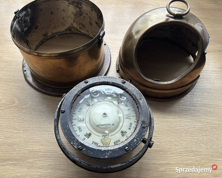 Stary mosiężny kompas kardanowy binnacle morski Szczecin