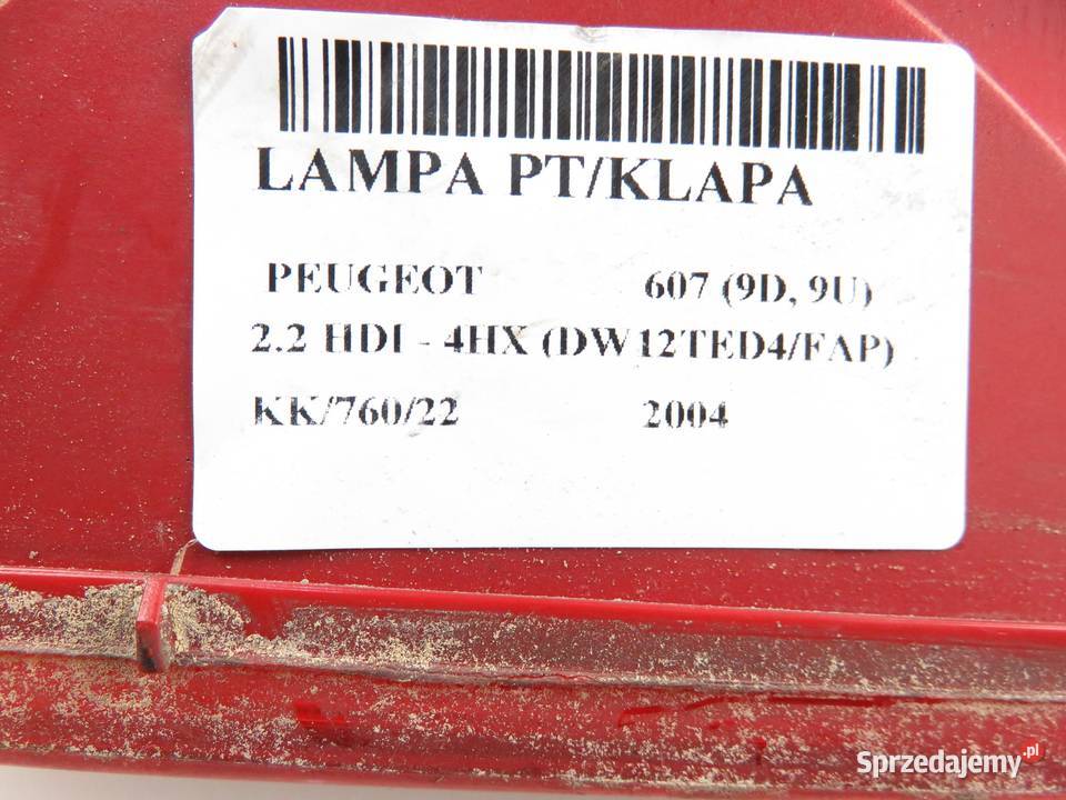 LAMPA PRAWA TYLNA KLAPA PEUGEOT 607 9D 9U