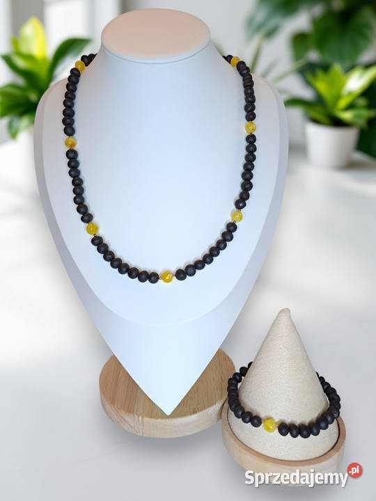 Korale i bransoletka z bursztynu baroczek czarny Warszawa sprzedam