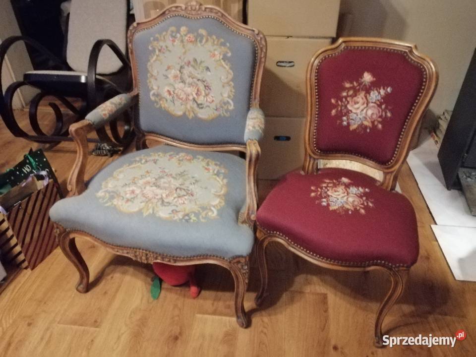2 antyczne piękne fotele w stylu Ludwikowskim z gobelinem