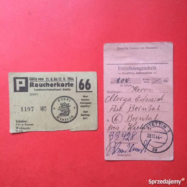 856 Karta Palacza i Odcinek Wypłaty Stettin Szczecin sprzedam