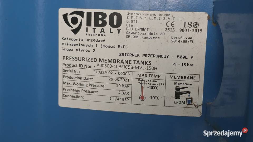 Zbiornik hydroforowy z membrana ibo 500 l Osiecznica