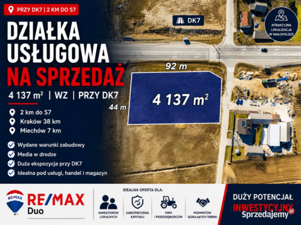 Działka usługowa z WZ DK7 2 S7 Szczepanowice