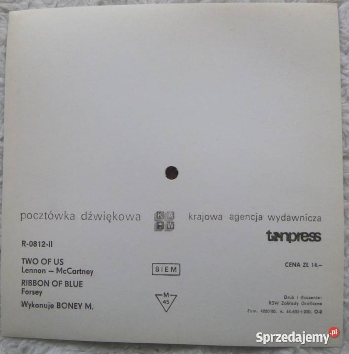 Pocztówka dźwiękowa 1980 Boney M Two of us mazowieckie Warszawa