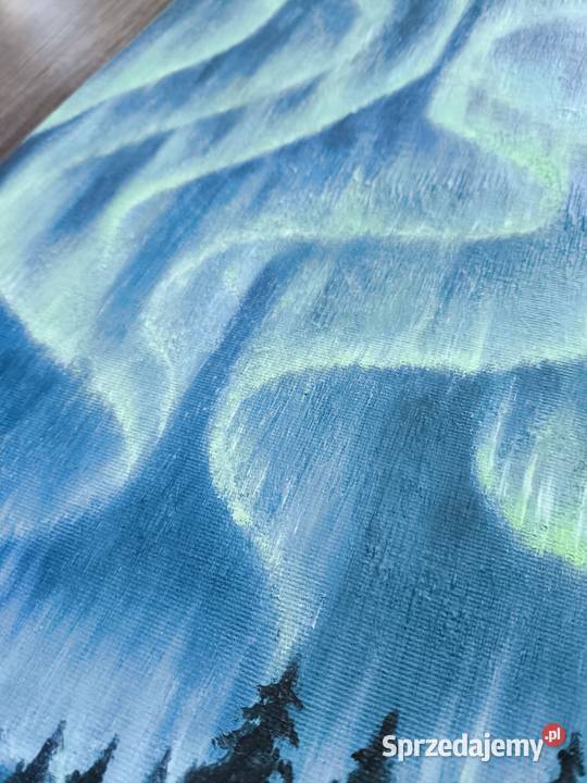 Obraz olejny Zorza polarna lasem 30x50 Malarstwo Wrocław