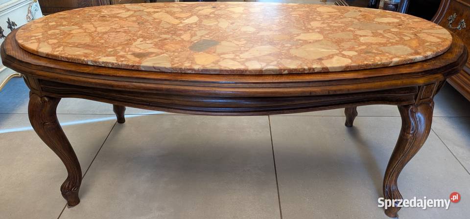 Piękny dębowy stolik ludwikowski z marmuremsklep Dąbrowa Górnicza
