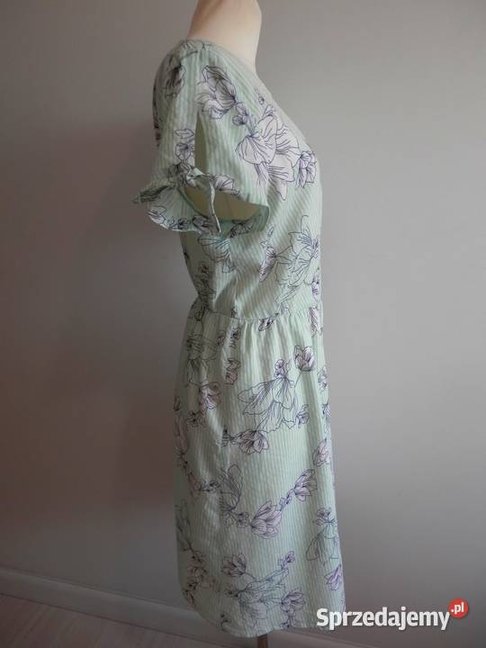 Sukienka Bawełniana Kwiaty Kopertowy Dekolt Łomża