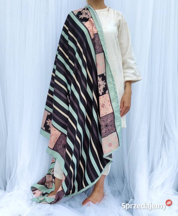 Duży szal w pasy orient granatowy miętowy sprzedam