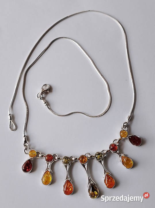naszyjnik kolia srebrna z bursztynami Suwałki sprzedam