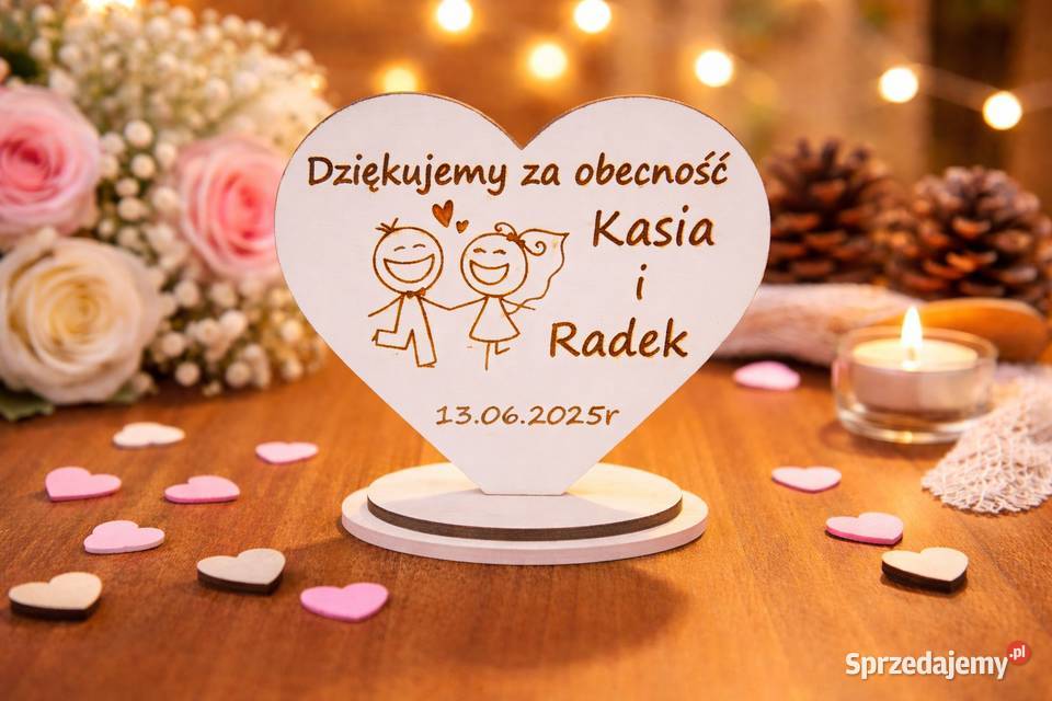 Drewniane serce z podziękowaniem gości