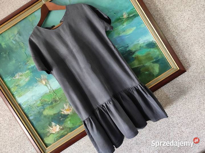 grafitowa śliska sukienka oversize z falbaną Kielce sprzedam