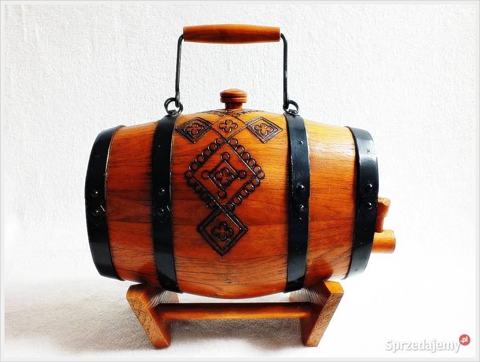 Ozdobna stara beczka drewniana na stojaku 2 Żary
